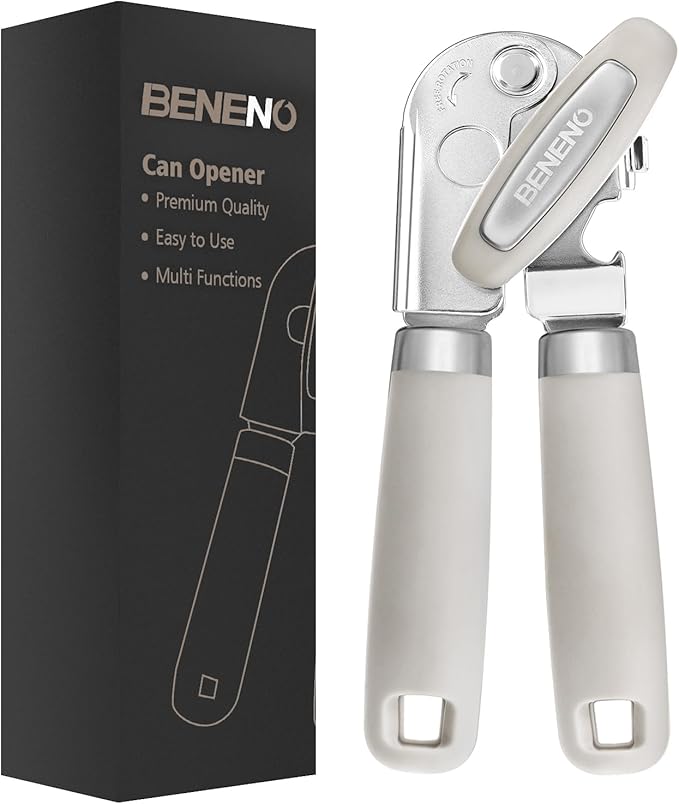 Beneno Can Opener Manual with Magnet, Hand Held Heavy Duty Can Opener with Durable Sharp Blade Smooth Edge, Big Effort-Saving Knob, Soft Grip Rubber Handle, Multifunctional Bottle Opener, Beige