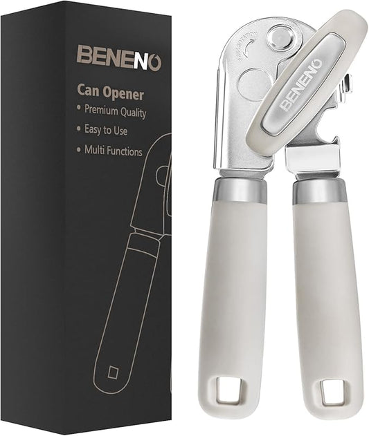 Beneno Can Opener Manual with Magnet, Hand Held Heavy Duty Can Opener with Durable Sharp Blade Smooth Edge, Big Effort-Saving Knob, Soft Grip Rubber Handle, Multifunctional Bottle Opener, Beige