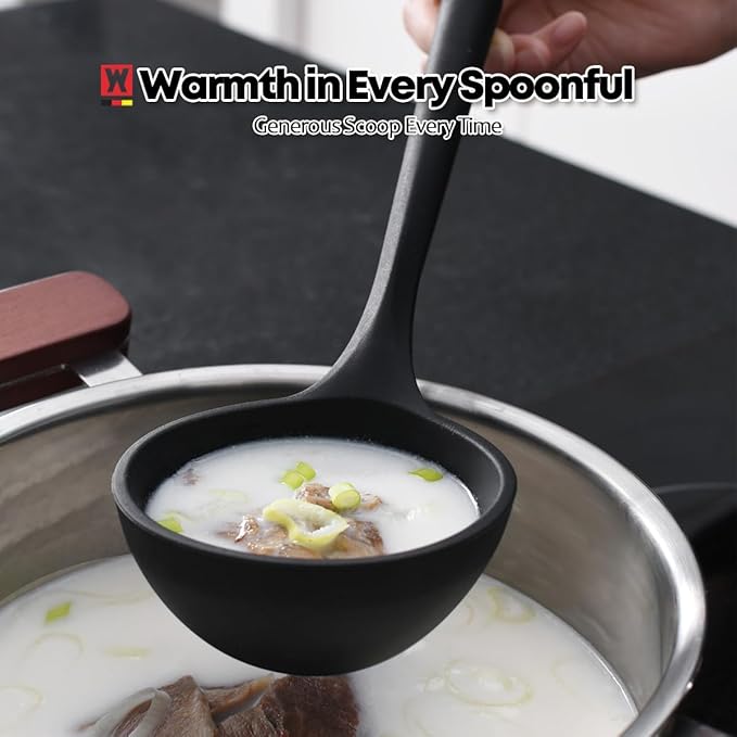 Set of 2pc Silicone Cooking Utensils: Wooden Handle Slotted Spatula + Cooking Ladle, Heat Resistant Cooking Utensil, BPA Free, Protects Surfaces with Gentle Head Design