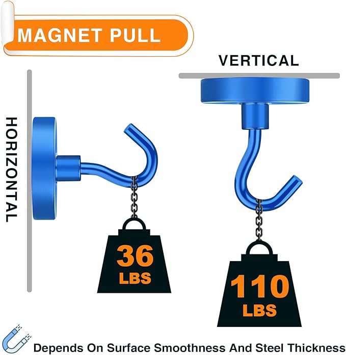 MIKEDE Strong Magnetic Hooks, 110Lbs Heavy Duty Magnetic Hooks for Cruise, Neodymium Earth Magnets with Hooks for Hanging, Super Metal Industrial Magnets for Grill, Storage (Blue,10 Pack)