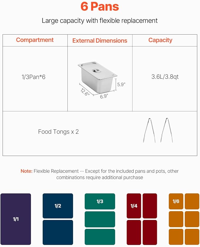 VEVOR 6-Pan Commercial Food Warmer, 6 x 1/3 Pans Electric Steam Table, 1500W Professional Buffet Catering Food Warmer with Undershelf, Stainless Steel Server for Restaurant Party Hotel