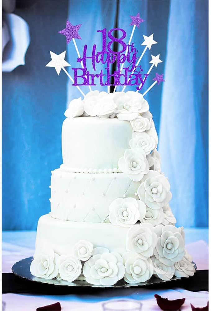 Glittery 18th Happy Birthday Cake Topper with Star,Personalised 18 Birthday Cake Toppers Party Decorations Party Supplies for Boys Girls Purple Silver
