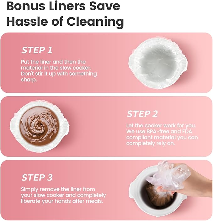 KOOC Small Slow Cooker, 0.65 Quart, Free Liners Included, Upgraded Ceramic Pot, Nutrient Loss Reduction, Sauces, Stews & Dips, Stainless Steel, Pink, Round