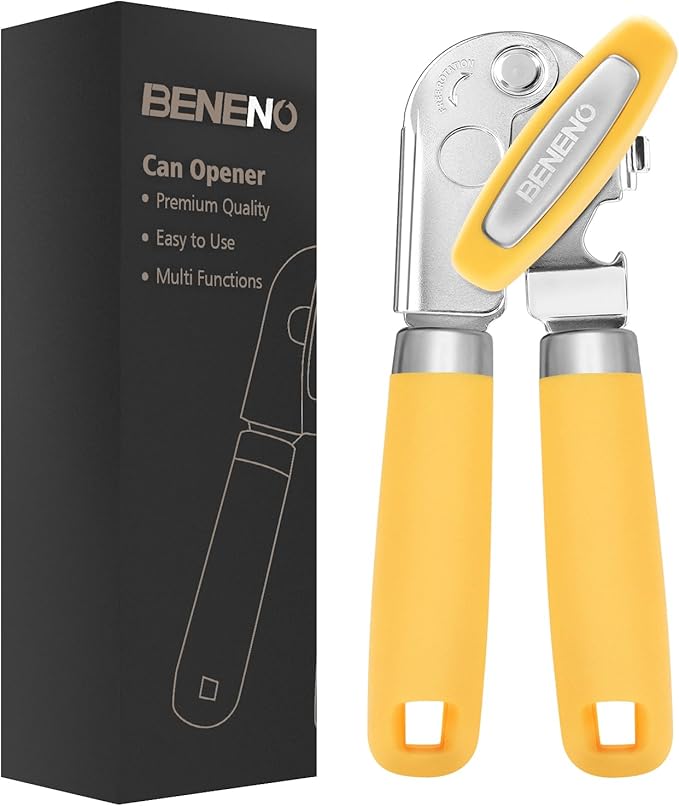 Beneno Can Opener Manual with Magnet, Hand Held Heavy Duty Can Opener with Durable Sharp Blade Smooth Edge, Big Effort-Saving Knob, Soft Grip Rubber Handle, Multifunctional Bottle Opener, Yellow
