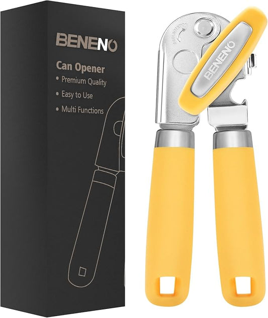 Beneno Can Opener Manual with Magnet, Hand Held Heavy Duty Can Opener with Durable Sharp Blade Smooth Edge, Big Effort-Saving Knob, Soft Grip Rubber Handle, Multifunctional Bottle Opener, Yellow