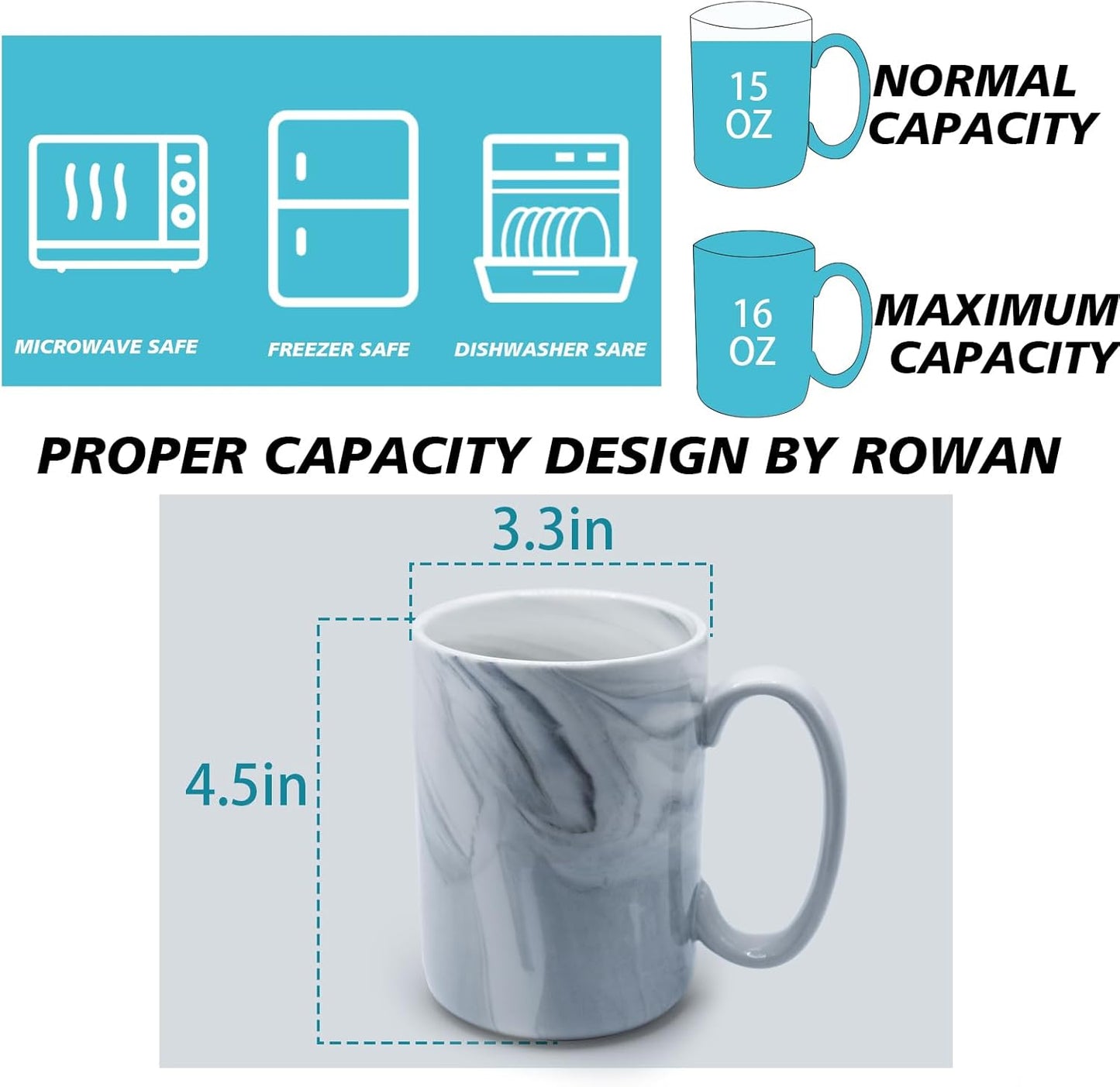 Coffee Mugs Set of 4,16 OZ Large Marble Ceramic Tea Cups with Big Handle,Bulk Grey Marble Mugs Set for Latte, Beer,Cappuccino,Microwave Dishwasher Safe Cup for Men Women Gift