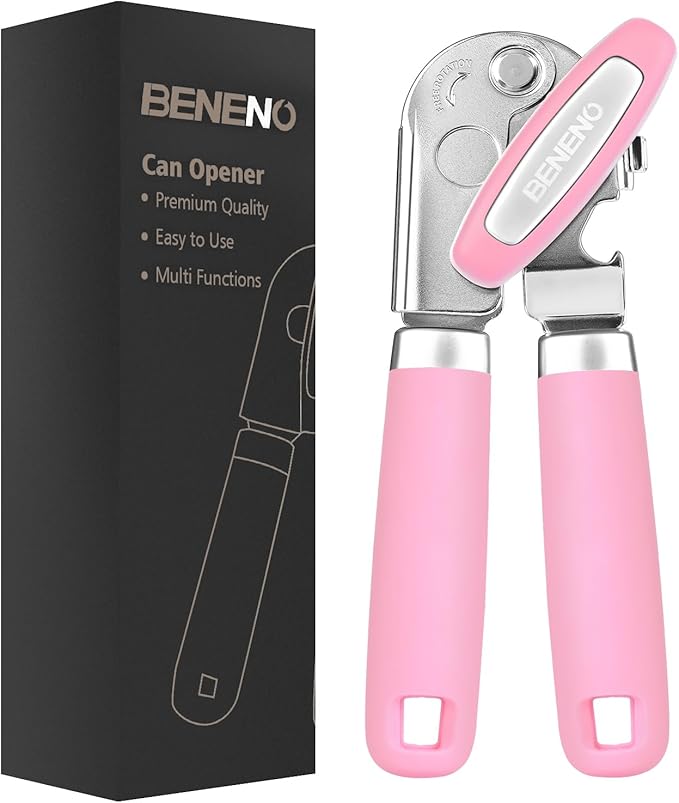 Beneno Can Opener Manual with Magnet, Hand Held Heavy Duty Can Opener with Durable Sharp Blade Smooth Edge, Big Effort-Saving Knob, Soft Grip Rubber Handle, Multifunctional Bottle Opener, Pink