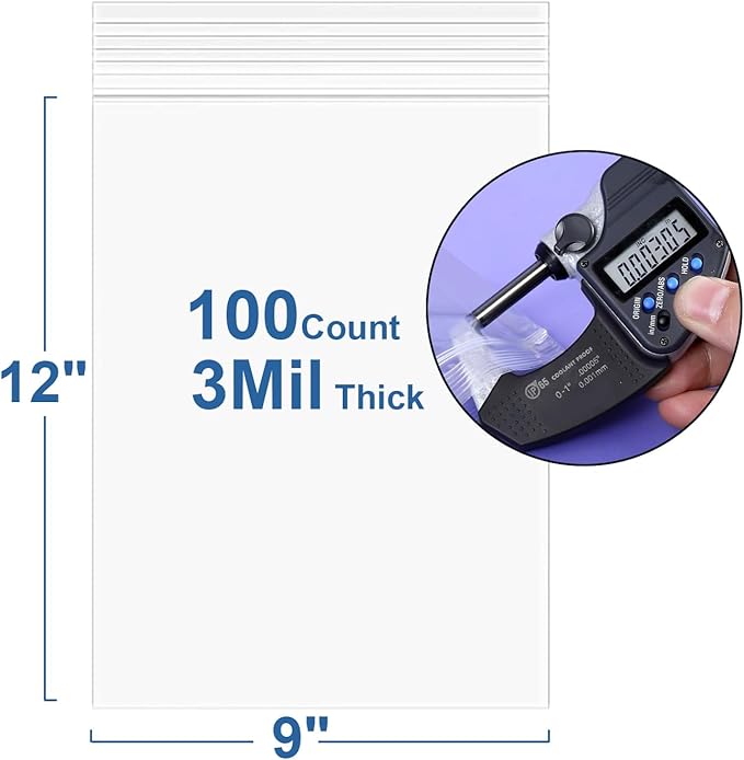 100PCS 9" x 12" 3Mil Clear Reclosable Plastic Bags Zip Seal Lock Poly Bags With Zipper for Shipping Packaging Product Clothing Storage, Thick