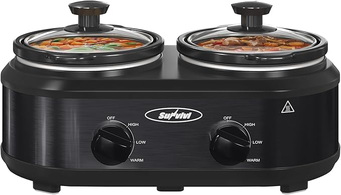 Sunvivi Double Slow Cooker,2 Pot Small Mini Crock Buffet Servers and Warmer,Dual Pot Oval Manual Slow Cooker with Adjustable Temp Removable Ceramic Pot,Stainless Steel, Total 2 * 1.25 Quarts Black