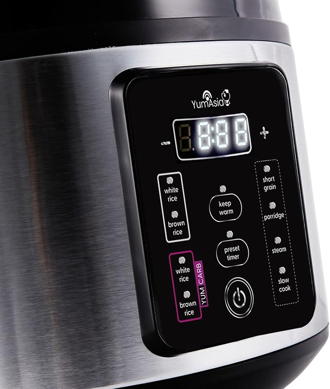 Yum Asia Kumo YumCarb Rice Cooker with Ceramic Bowl and Advanced Fuzzy Logic, (5.5 Cups, 1 Litre), 5 Rice Cooking Functions, 3 Multicooker Functions, 110V US Power (Light Stainless Steel)