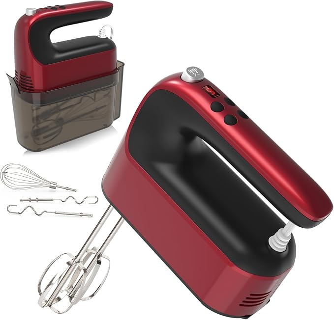 9-Speed Digital Hand Mixer Electric, 400W DC Motor, Hand Mixer electric Handheld with Snap-On Storage Case, Touch Button, Turbo Boost, 5x Stainless Steel Accessories (Red)