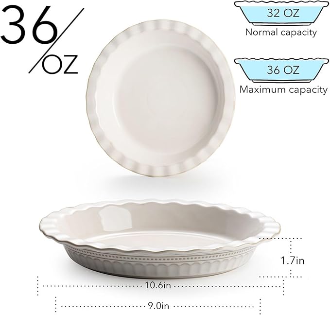 Ceramic Pie Pan for Baking, 9 inch Pie Pans Set of 2, Round Pie Dish for Dessert Kitchen, Farmhouse Vintage Color Pie Plate, Oven & Dishwasher Safe, Off-White
