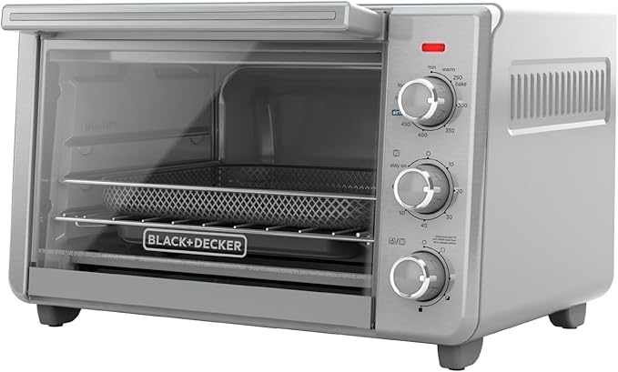 BLACK+DECKER Crisp 'N Bake Air Fryer Countertop Convection Toaster Oven, Large Capacity, 6-Slice, 5-in-1, Fits 12” Pizza, 60-Min Timer, Bake, Broil, Air Fry, Toast, Keep Warm, Stainless Steel