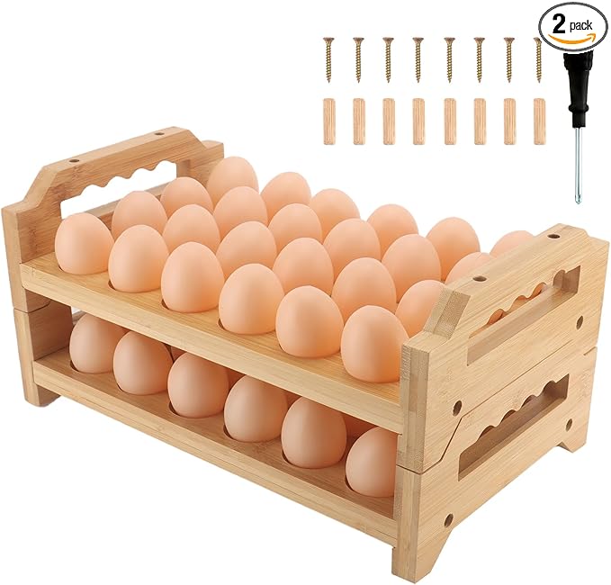 Egg Holder, 2 Tier Egg Holder Countertop, Bamboo Egg Organizer and Storage for Gathering 48 Fresh Eggs, Egg Stackable Stand Rack, Egg Basket for Kitchen Refrigerator Farmhouse