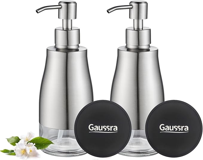 2 Pack Soap Dispenser with Coaster and Stickers, Stainless Steel Case Glass Liner Hand Pump Dispenser, Refillable Liquid Hand Soap Dispenser for Bathroom & Kitchen - Brushed Nickel