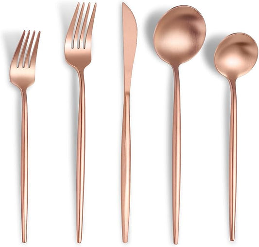 Matte Rose Gold Silverware Set for 6,Modern Stainless Steel Brushed Cutlery Set,30-Pieces Heavy Duty Flatware Set,Knives Spoons and Forks Set Utensils Set, Satin Finish, Dishwasher Safe