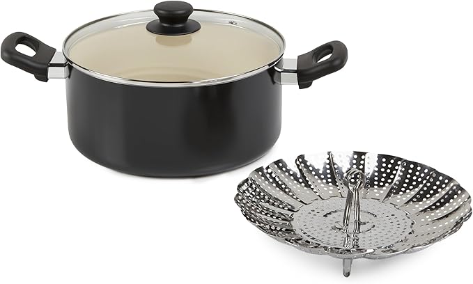 Amazon Basics 11-Piece Ceramic Non-Stick Pots and Pans Set, Dishwasher & Oven Safe, Non-Toxic, Easy Clean, Black/Cream