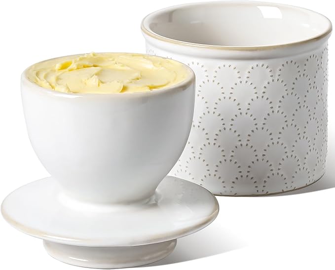 LE TAUCI Butter Crock, Butter Dish with Lid, Butter Container for Counter with Water Line, Embossed French Butter Keeper for Spreadable Butter, Suit For Housewarming - Set of 1, Arctic White,Fireworks
