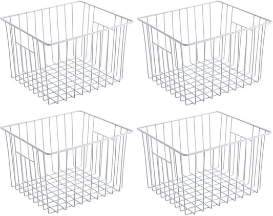 SANNO Freezer Wire Storage Organizer Basket, Refrigerator Storage Baskets Bins Organizer with Built-in Handles for Cabinets, Pantry, Closets, Bedrooms 4 Pack 11"x10"x 7" White