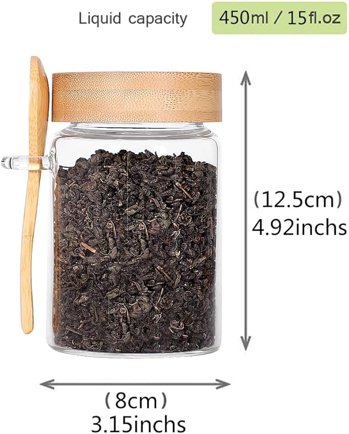 Glass Jar with Screw Lid and Spoon Set of 3, 16 OZ Tea Containers for Loose Leaf Tea, Salt and Sugar Containers for Countertop, Yogurt Jars for Overnight Oatmeal