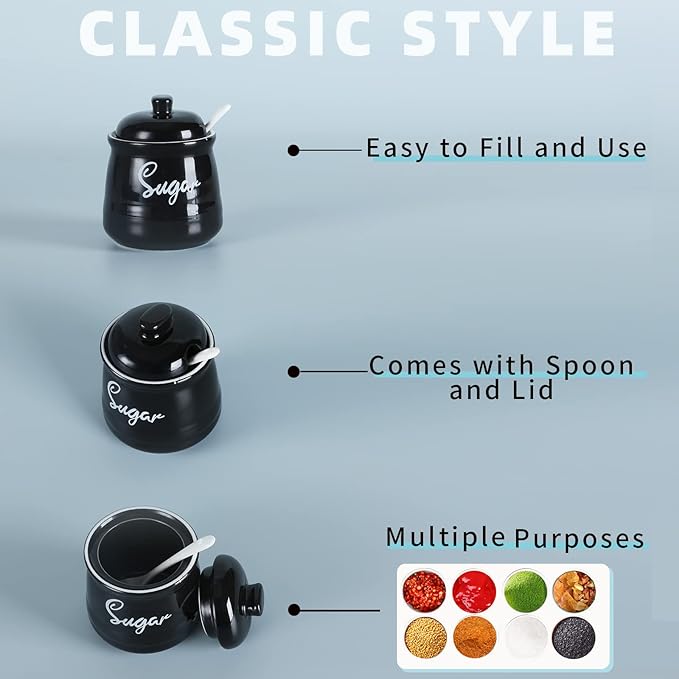 HAOTOP Farmhouse Porcelain Sugar Bowl with Lid and Spoon 12oz,Easy to Clean (Black)