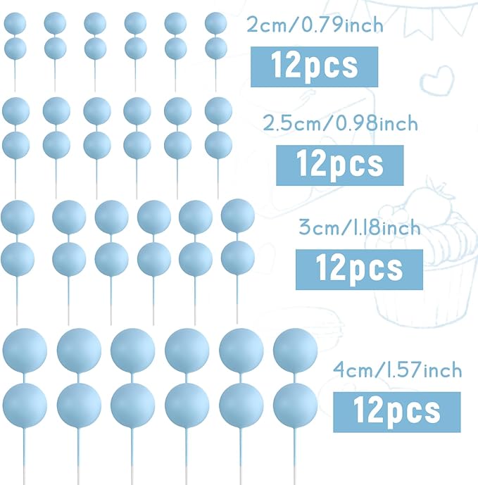 48 Pcs Balls Cake Topper Decorations Balloon Cupcake Toppers Foam Cake Topper Balls Cake Balls Decorations for Birthday Party Wedding Anniversary Cake Decorating (Light Blue)