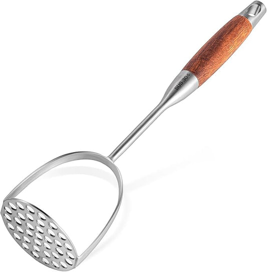 Potato Masher Stainless Steel, Manual Mashed Potato Masher,Wooden handle Potatoes Smasher Kitchen Tool for Avocado,Potatoes, Vegetables, 13.5Inch Long handle Large Heavy Duty Metal Mashing Utensil