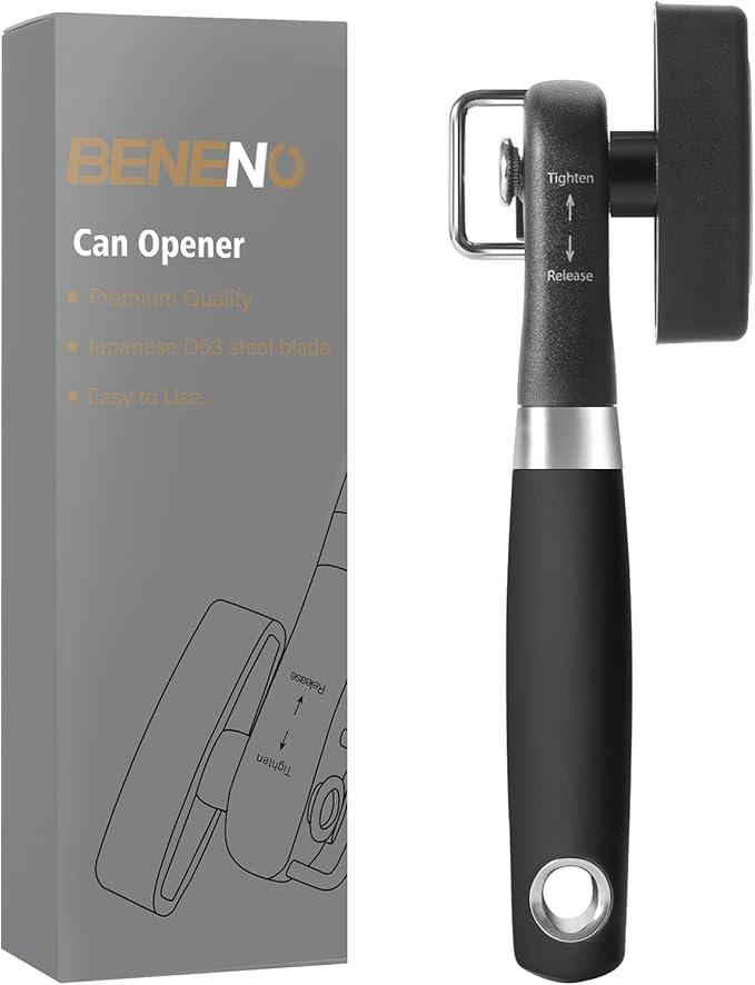 Beneno Can Opener, Manual Side Safe Cut Can Opener Smooth Edge with Durable Sharp Blade, Effort-Saving Knob & Comfortable Non-slip Handle, Black