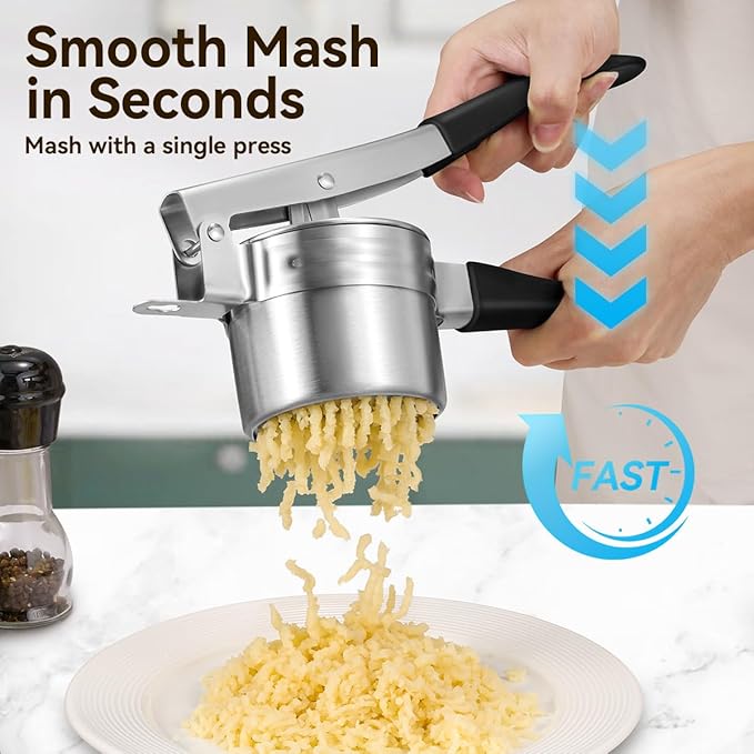 Potato Ricer, AMOHEE 15oz Stainless Steel Potato Masher Upgrade Heavy Duty Design with Anti-Slip Handle Ricer for Mashed Potatoes, Carrots, Yams, Black
