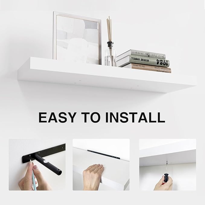 Colima Floating Shelves for Wall White Wood Wall Shelf for Bedroom, 24 Inch Wall Mounted Floating Shelves for Bathroom Living Room Kitchen Office, 1.3" Thick Floating Book Shelves for Wall, Set of 3