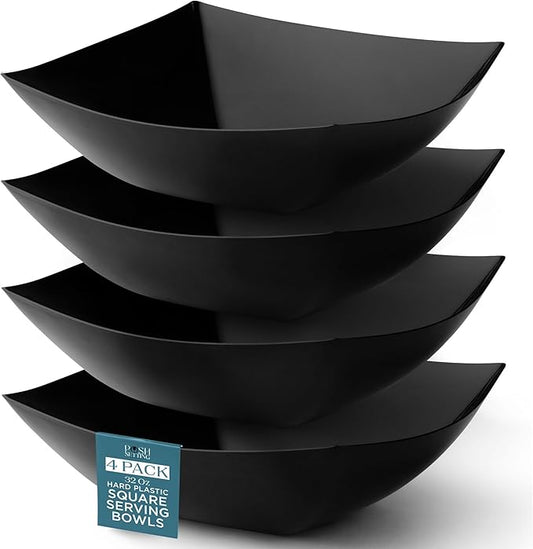 Posh Setting - Black Plastic Serving Bowls (32oz - 4 Pack) Square, Disposable, Salad & Fruit Bowls for Party Table, Candy Containers for Candy Buffet