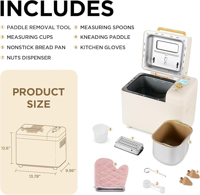 Neretva Bread Machine, 2.2LB 15-in-1 Bread Maker, Dual Heater Breadmaker Machine with Auto Nut Dispenser & Nonstick Ceramic Pan, Bread Maker Machine for Gluten Free, Dough Maker, Sourdough, Yogurt