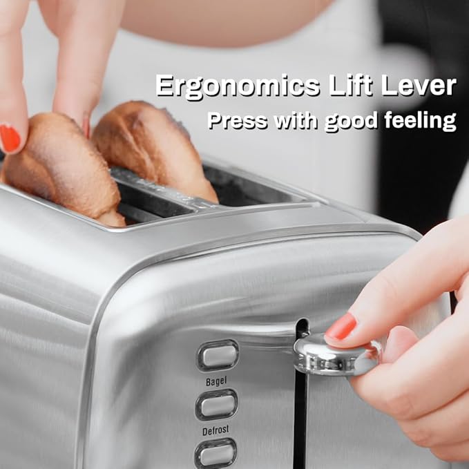 Toaster 2 Slice, Extra Wide Slot Toaster for Bagels, Bread, Waffles, 7 Shade Settings, 4 Main Functions, Removable Crumb Tray, 900 Watts Toasters, Brushed Stainless Steel