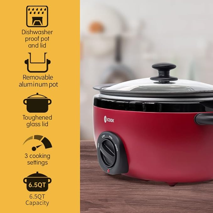 ICOOK USC-65-OP001RD 6.5 Quart Slow Cooker,Aluminium Sear/Sauté Stew Pot Stovetop safe,Dishwasher Safe,Glass Lid,Adjustable Temp,Food Warmer(Red)