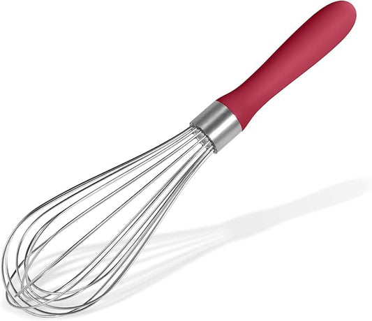 18/8 Stainless Steel Balloon Whisk, Doosu Kitchen Whisk for Cooking Handheld Egg Beater with Rust-Proof Sturdy Wires & Non-Slip Silicone Handle for Beating, Stirring, Blending (8 Wires, Red)