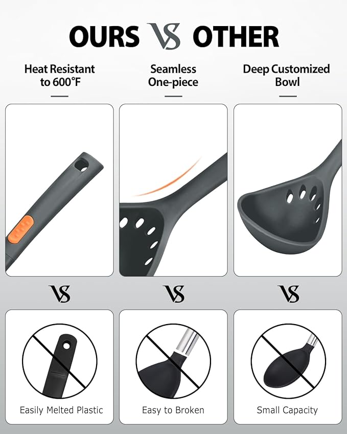 Silicone Pasta Fork and Ladle Spoon Set, Large Non Stick Kitchen Utensils for Cooking,Stirring,One Piece Serving Spaghetti, Soup, Sauce (GREY)