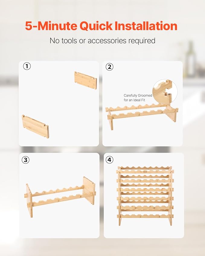 VEVOR Stackable Modular Wine Rack, 6-Tier 48 Bottles, Freestanding Wines Holder Display Shelf, Solid Bamboo Wood Storage Racks, Wobble-Free Shelves for Kitchens, Dining Rooms, Cellars, Natural Color