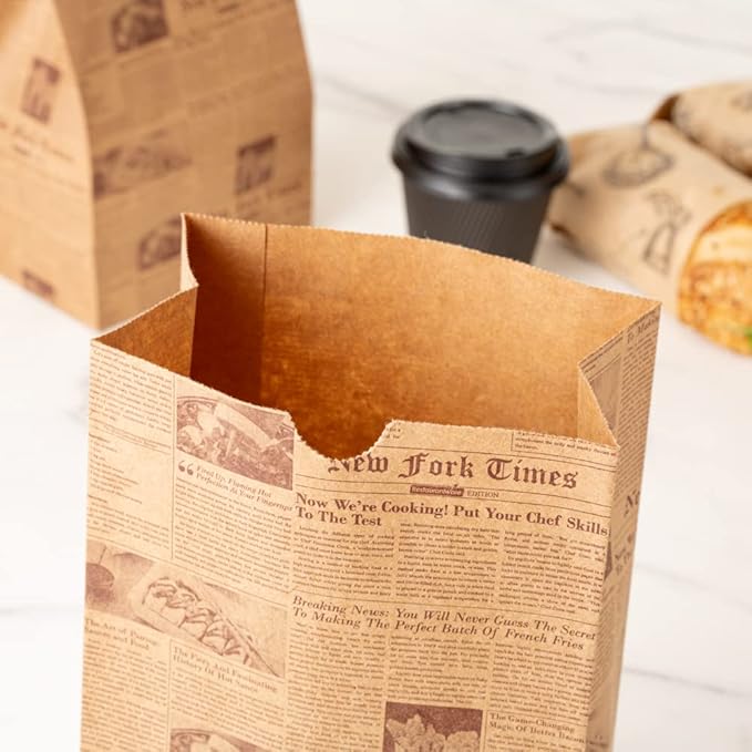 Restaurantware Bag Tek 6 Lb Disposable Lunch Bags 100 Sturdy Take Out Bags - Flat Bottom Microwavable Kraft Newsprint Design Paper Bags Freezable Great For Restaurants Cafes And Bakeries