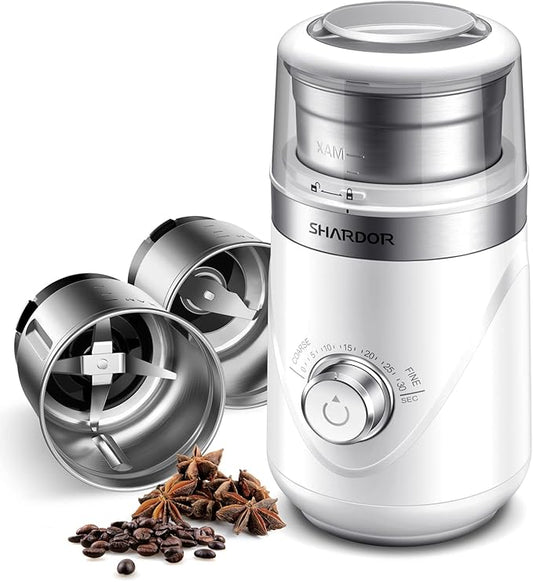 SHARDOR Electric Super Silent Blade Coffee Grinder, Timed Grind Control Rotary Knob, Adjustable Coarse to Fine for Coffee Beans, Spices & Herbs, with 2 Removable Stainless Steel Bowl, White