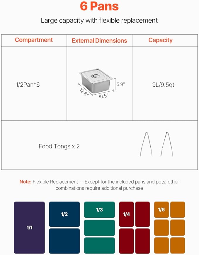 VEVOR 6-Pan Commercial Food Warmer, 6 x 1/2 Pans Electric Steam Table, 1500W Professional Buffet Catering Food Warmer with Shield Undershelf Wheels, Stainless Steel Server for Party Restaurant