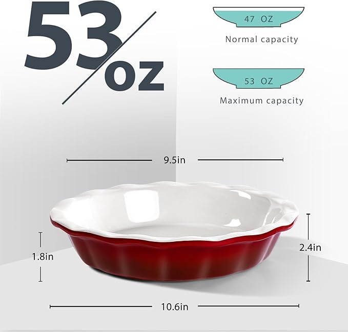 Lareina Pie Pans for Baking, Ceramic 9 Inch Deep Pie Dish with Rippled Edge for Apple Pie, Pecan Pie, Colorful and Durable Pie Plate, Christmas Gifts for Women, Set of 2, Red