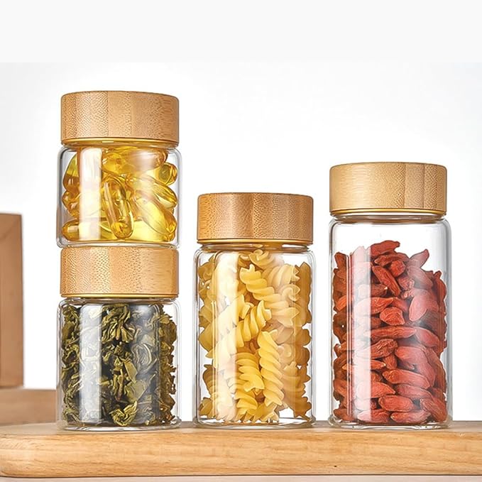 Oidium 4 oz Glass Jars with Bamboo Lids,4-Pack,Glass Spice Jars,Bulk Clear Round for Making Candles,Small Glass Jars For Flour,Sugar,Spices,Tea,Jams,Liquid.wide mouth Mini Jars (Clear 4Pack(4oz))