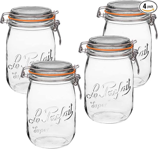 Le Parfait Super Jar, Canning Jars, 1L French Glass Canning Jar w/Round Body, Glass Jars With Airtight Lid, Canning Jars Wide Mouth, Glass Jar With Lid, Clear Jars, Clear Glass Jars (32oz/Quart, 4 pk)