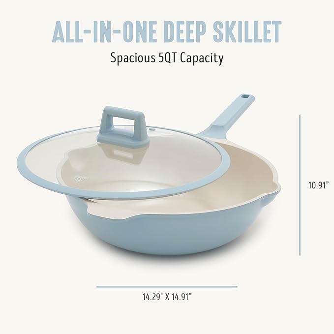 GreenLife Nonstick 12” (5QT) All in One Deep Skillet Wok with Lid, PFAS-Free Non-Toxic Ceramic Multi-Purpose Pan, Induction, All Stovetop, Egg, Stir Fry, Saute, Stay Cool Handle, Blue Haze
