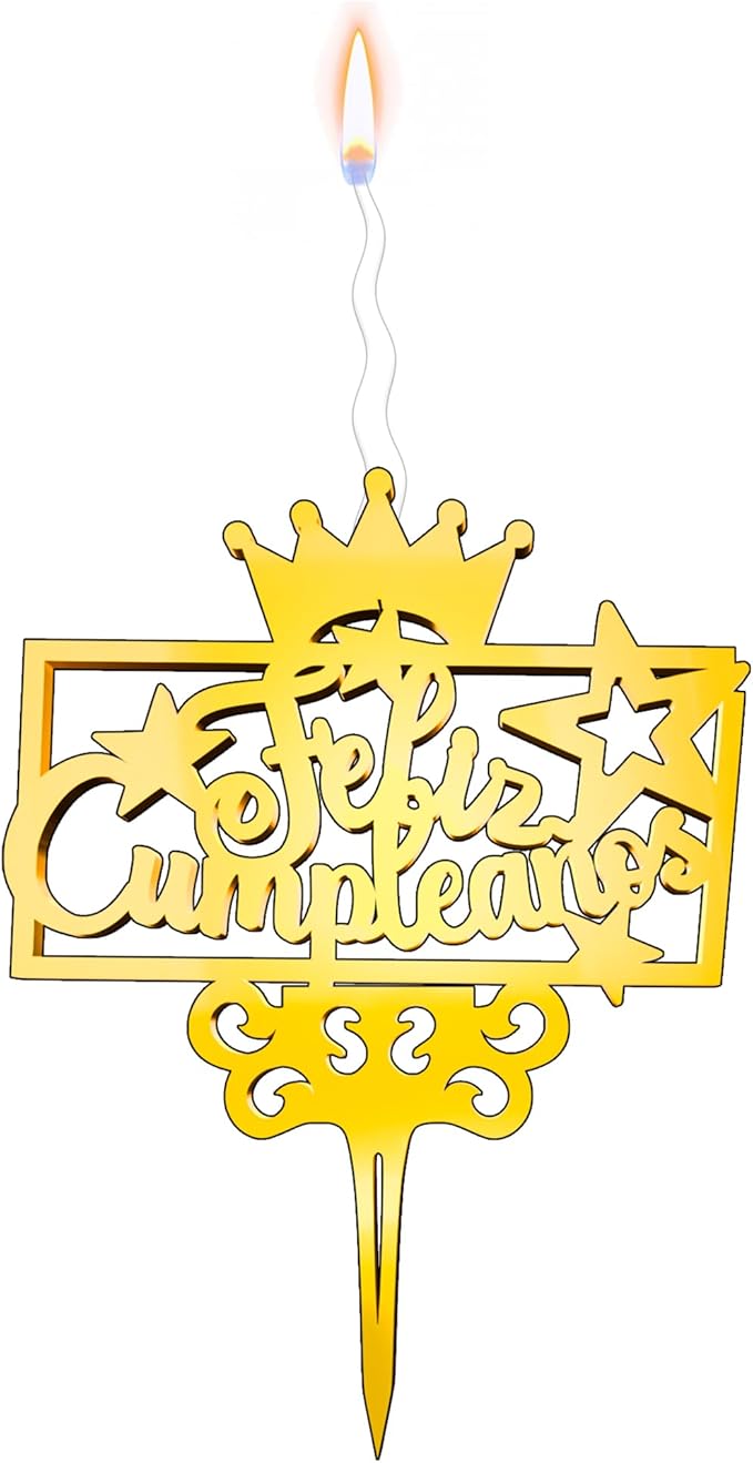 Feliz Cumpleanos Reusable Gold Romantic Cake Candle - Luxury Cake Topper Candle for Birthdays, Weddings & Anniversaries - Reusable Food Safe Acrylic, Shiny Mirror Finish - Happy Birthday Cake Topper
