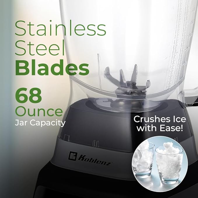 Koblenz Bob Blender, Countertop with Reversible motor, Speed Knob and 6 Functions, 1400-watt Motor, 68 oz. Capacity, Super Silent Operation, Includes 2 To-Go Cups and Tamper, Black/Chrome, LKM-9610