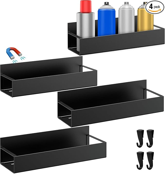 4 Pcs Magnetic Spray Can Holder, Magnet Toolbox Holder, Wall Mounted Spray Bottle Rack, Mechanic Paint Can Organizer, Tool Box Storage Rack for Garage Home Workspace (Black)