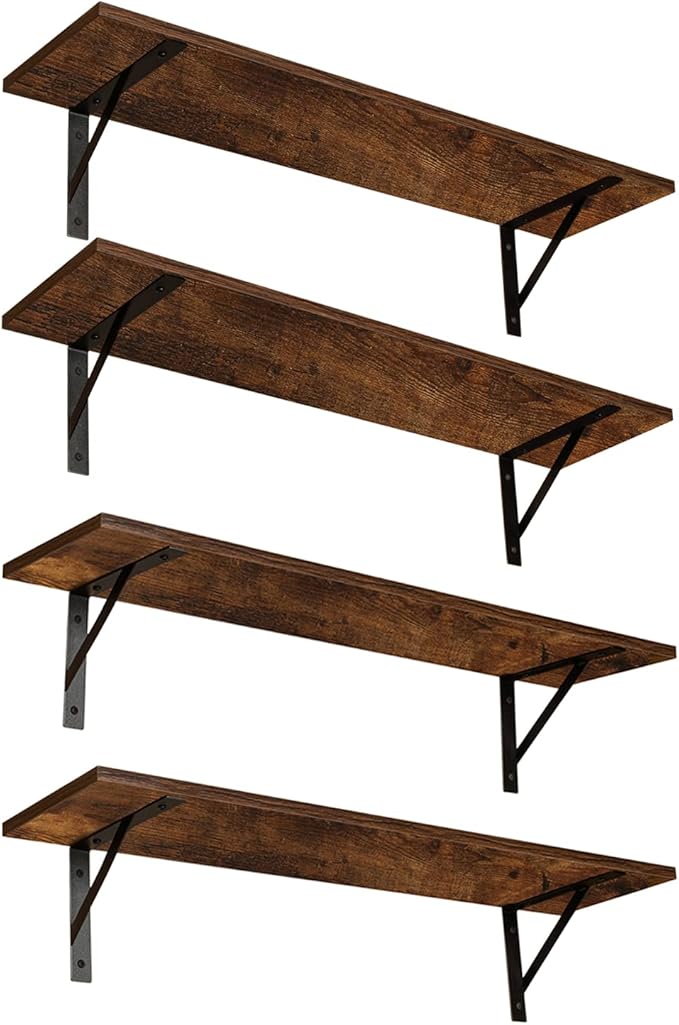DINZI LVJ Long Wall Shelves, Set of 4, 31.5Inch Wall Mounted Shelves, Extra Large Wall Storage Ledges with Sturdy Metal Brackets for Living Room, Bathroom, Bedroom, Kitchen, Rustic Brown
