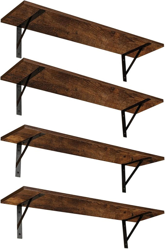 DINZI LVJ Long Wall Shelves, Set of 4, 31.5Inch Wall Mounted Shelves, Extra Large Wall Storage Ledges with Sturdy Metal Brackets for Living Room, Bathroom, Bedroom, Kitchen, Rustic Brown