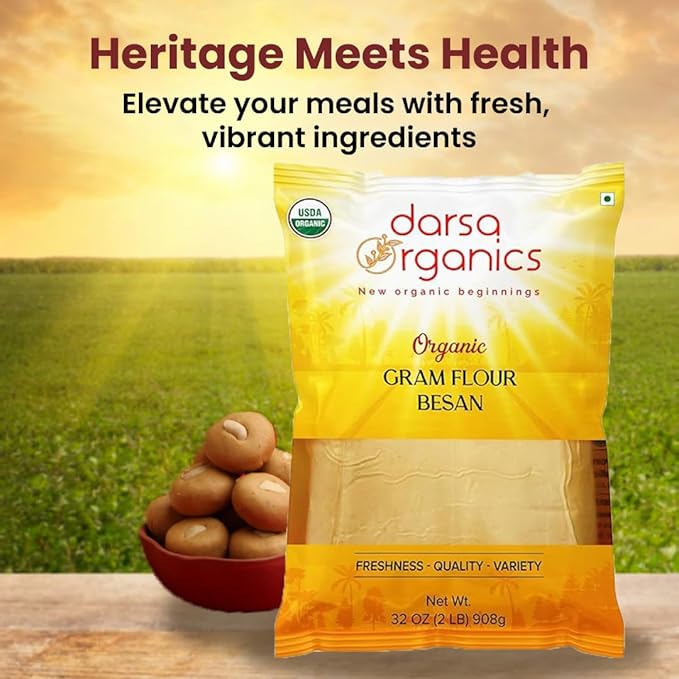 Darsa Organics Gram Flour - 2 lb Besan Flour, USDA Organic, Chemical Free, Non-GMO, Kosher, Premium Chickpea Flour for Cooking & Skin Care, Ideal for Gluten Free Diets & Face Masks